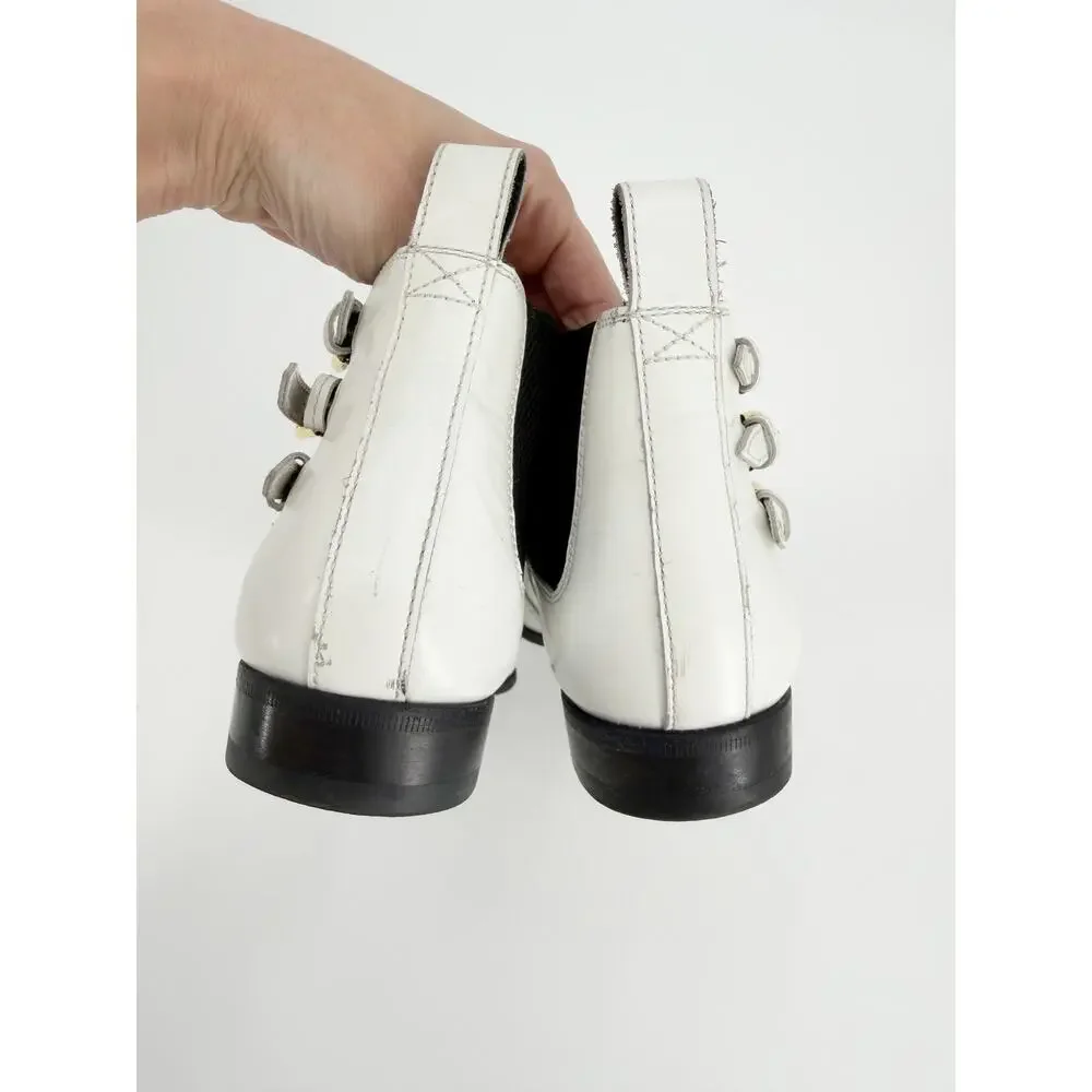 Gucci White Leather Gold Buckle Strap Ankle Booties Boots Size 38 EU 8 Low Heel